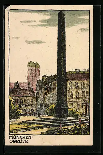 Steindruck-AK München, Partie am Obelisk