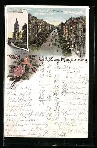 Lithographie Magdeburg, Kaiserstrasse aus der Vogelschau, Kriegerdenkmal, Rosen