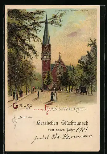 Lithographie Berlin, Strassenpartie im Hansaviertel mit Kaiser Friedrich-Gedächtniss-Kirche, Neujahrsgruss