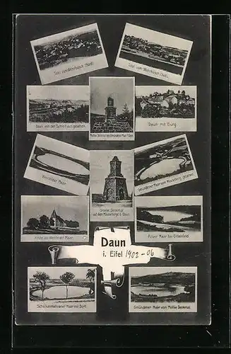 AK Daun /Eifel, Totalansicht vom Wehrbüsch (Nord), Daun mit Burg, Moltke Denkmal am Gmündener Maar