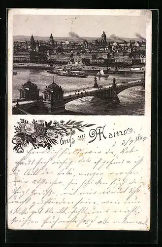 Lithographie Mainz, Panorama mit Rheinbrücke und Dampfer