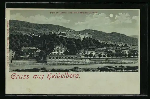 Lithographie Heidelberg, Schloss von der Hirschgasse