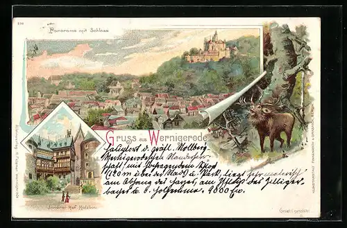 Lithographie Wernigerode, Panorama mit Schloss, Innerer Hof mit Holzbau