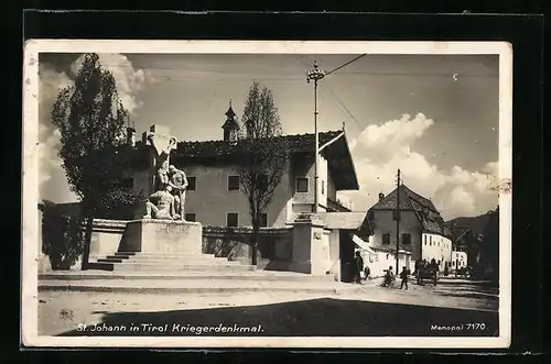 AK St. Johann, Kriegerdenkmal und Kirchturmspitze