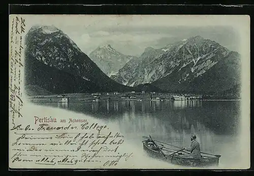 Mondschein-AK Pertisau, Ruderer im Vollmondlicht auf dem Achensee blickt auf die Stadt