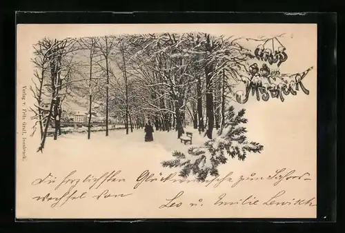 AK Innsbruck, Winterliche Grüsse aus der Stadt, Tannenzweig mit Schnee bedeckt