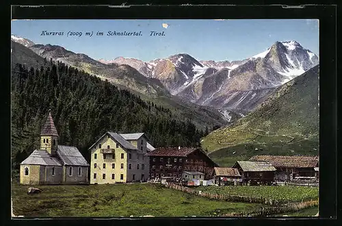 AK Kurzras, Ort im Schnalsertal mit Blick auf einzelne Häuser und Kirche