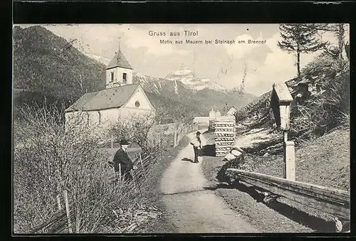 AK Mauern b. Steinach, Motiv aus dem Ort mit Wanderer und Kirche