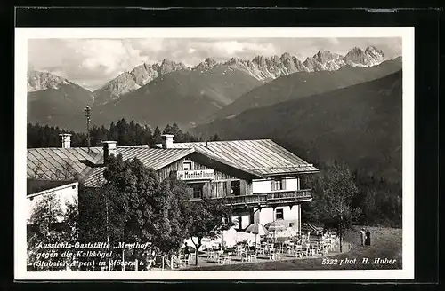 AK Mösern i. T., Gasthaus Menthof gegen die Kalkkögel, Stubaier Alpen