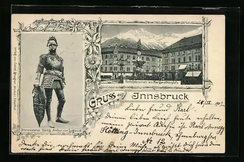AK Innsbruck, Rudolfsbrunnen am Margarethenplatz, Broncestatue König Arthur von England