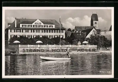 AK Hagnau, Strand-Hotel-Adler mit Sonnenschirmen