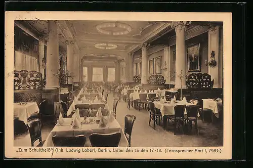 AK Berlin, Innenansicht Gasthaus Zum Schultheiss, Unter den Linden 17-18