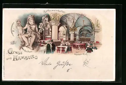 Lithographie Hamburg, Bachus, Rathsweinkeller und Restaurant zur bunten Kuh