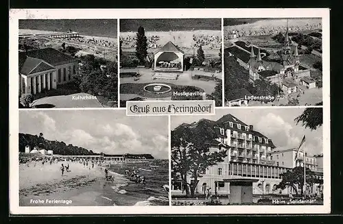 AK Heringsdorf, Kulturhaus, Musikpavillon und Ladenstrasse