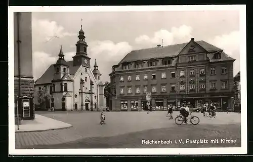 AK Reichenbach i. V., Postplatz mit Kirche