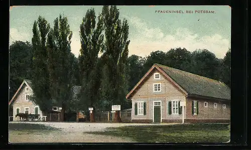 AK Pfaueninsel bei Potsdam, Ortspartie mit zwei Häusern und Kutsche