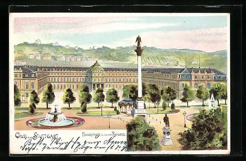 Lithographie Stuttgart, Schlossplatz mit neuem Schloss