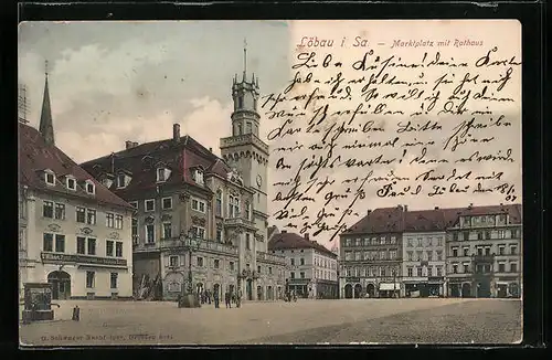 AK Löbau i. Sa., Marktplatz mit Rathaus
