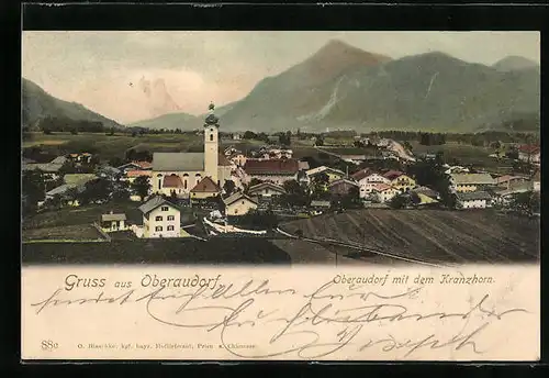 AK Oberaudorf, Teilansicht mit Kirche und dem Kranzhorn