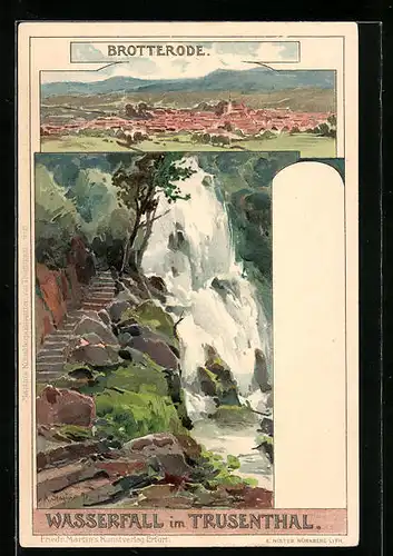 Künstler-AK Albert Stagura: Brotterode, Ortsansicht und Wasserfall im Trusenthal