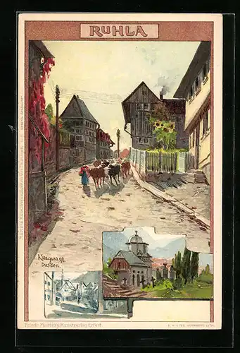 Künstler-AK Albert Stagura: Ruhla, Strassenpartie mit Kuhherde, Kirche