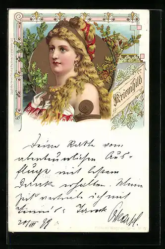 Künstler-AK Franz Stassen: Kriemhild, Portrait mit Ornamenten