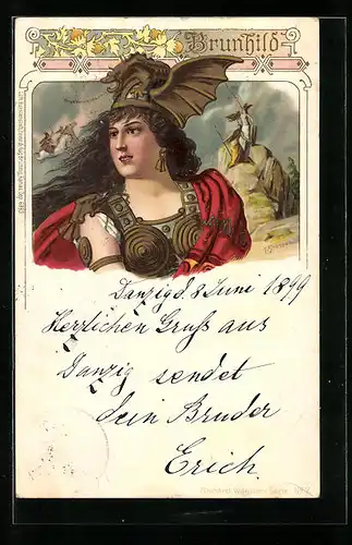 Künstler-AK Franz Stassen: Brunhild, Portrait mit Eichen-Ornamenten vor Szenen aus dem Heldenepos