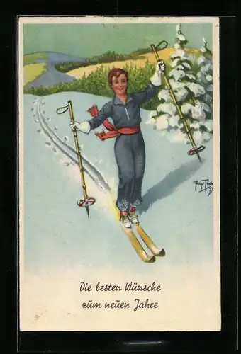 Künstler-AK Arthur Thiele: Skifahrerin in Winterlandschaft, Neujahrsgruss