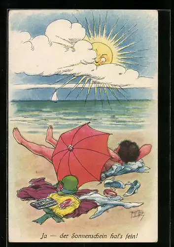 Künstler-AK Arthur Thiele: Strandidylle mit rotem Schirm und Sonne mit Gesicht