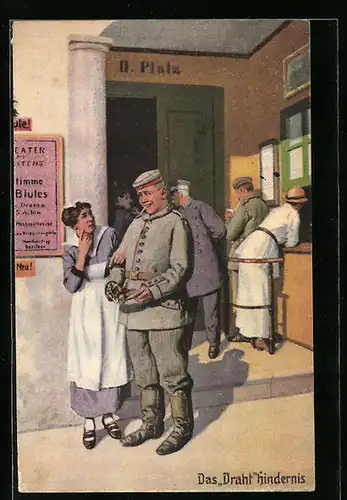 Künstler-AK Arthur Thiele unsign.: Das Draht-Hindernis, Soldat mit Dienstmädchen an der Theaterkasse