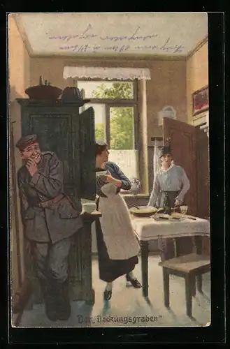 Künstler-AK Arthur Thiele unsign.: Der Deckungsgraben, Versteckspiel in der Küche
