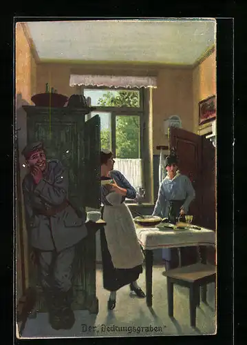 Künstler-AK Arthur Thiele unsign.: Der Deckungsgraben in einer Küche