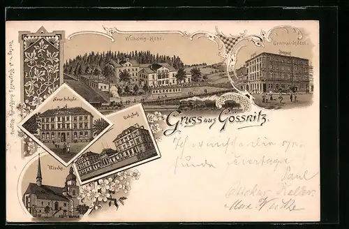 Lithographie Gössnitz, Wilhelms-Höhe, Central-Hotel, Bahnhof