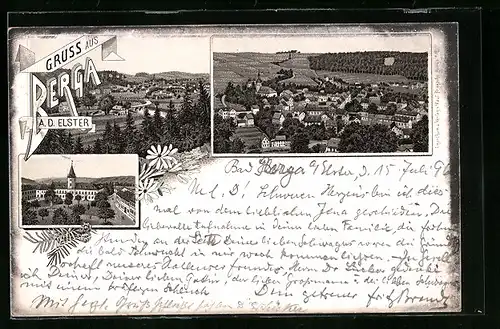 Lithographie Berga a. d. Elster, Gesamtansicht aus der Vogelschau