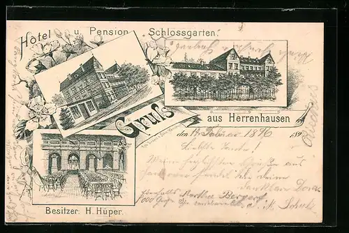 Lithographie Herrenhausen, Hotel und Pension Schlossgarten