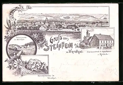 Lithographie Steinheim i. Wenthal, Ortsansicht mit Felsenpartie, Gasthaus und Brauerei zum Kreuz