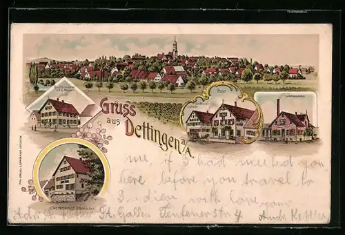 Lithographie Dettingen a. A., Totalansicht mit Gasthaus zum Löwen, Buchbinderei und Uhrmacher