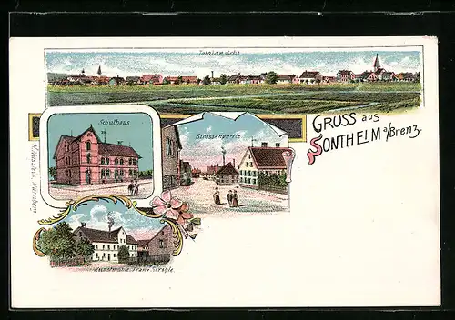 Lithographie Sontheim a. Brenz, Kunstmühle von Franz Ströhle, Strassenpartie, Schulhaus
