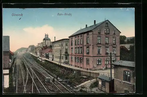 AK Gössnitz, Hain-Strasse mit Fabrik und Bahnanlagen