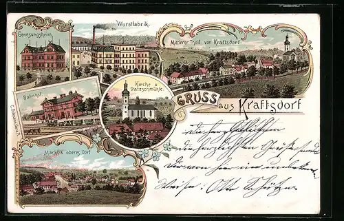 Lithographie Kraftsdorf, Wurstfabrik, Bahnhof, Genesungsheim, Kirche & Patzschmühle