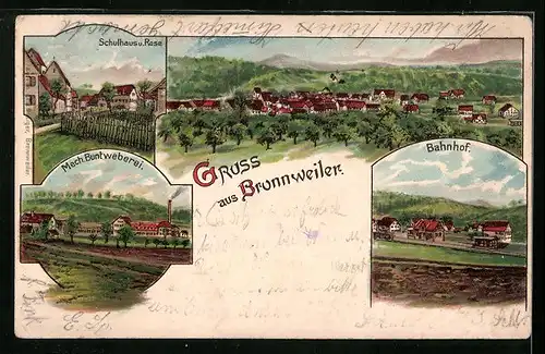 Lithographie Bronnweiler, Bahnhof, Mechanische Buntweberei, Schulhaus und Rose