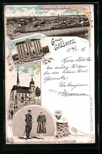Lithographie Gössnitz, Neue Schule mit Bismarck-Brunnen, Kirche, Trachten