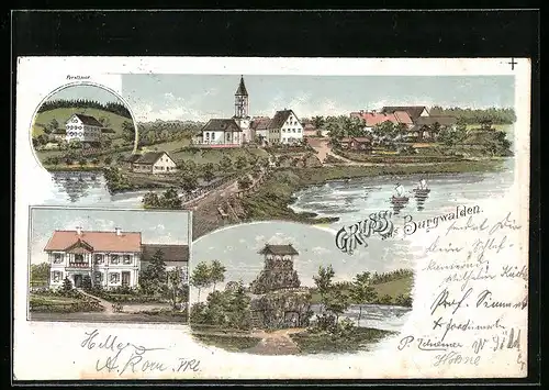 Lithographie Burgwalden, Forsthaus, Teilansicht mit Kirche