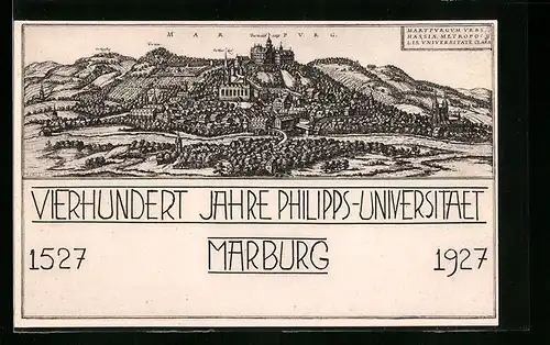 Künstler-AK Marburg, Vierhundert Jahre Philipps-Universität 1527-1927, Teilansicht