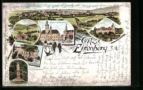 Lithographie Eisenberg /S.-A., Schloss, Markt mit Kriegerdenkmal, Krausedenkmal