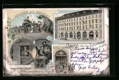 Lithographie München, Gasthaus Pschorrbräu-Bier-Hallen, Männer am Biertisch, Eingang