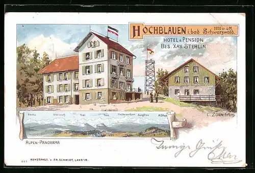 Künstler-AK Ludwig Zorn: Hochblauen i. bad. Schwarzwald, Hotel & Pension von Xav. Stehlin, Alpen-Panorama mit Tödi