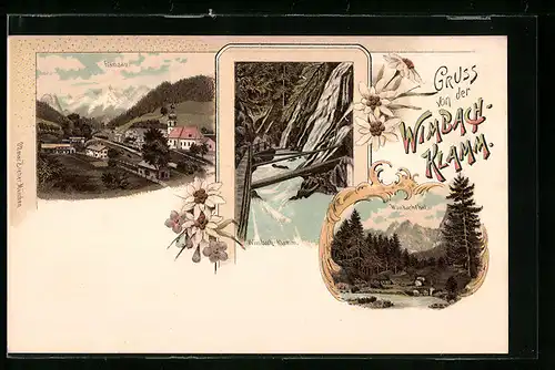 Lithographie Ramsau, Ortspartie mit Kirche, Wimbach-Klamm, Wimbachtal