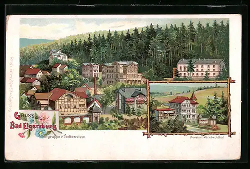 Lithographie Bad Elgersburg, Pension Körnbachtal, Villengruppe v. Todtenstein