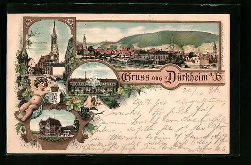 Lithographie Dürkheim a. H., Schloss-Kirche, Kinderheilstätte, Colonnade